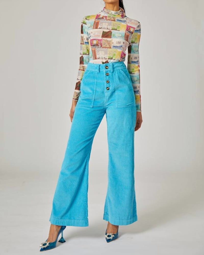 Front of a model wearing a size 10 Mike Pant In Cyan in Cyan by Rachel Antonoff. | dia_product_style_image_id:358228